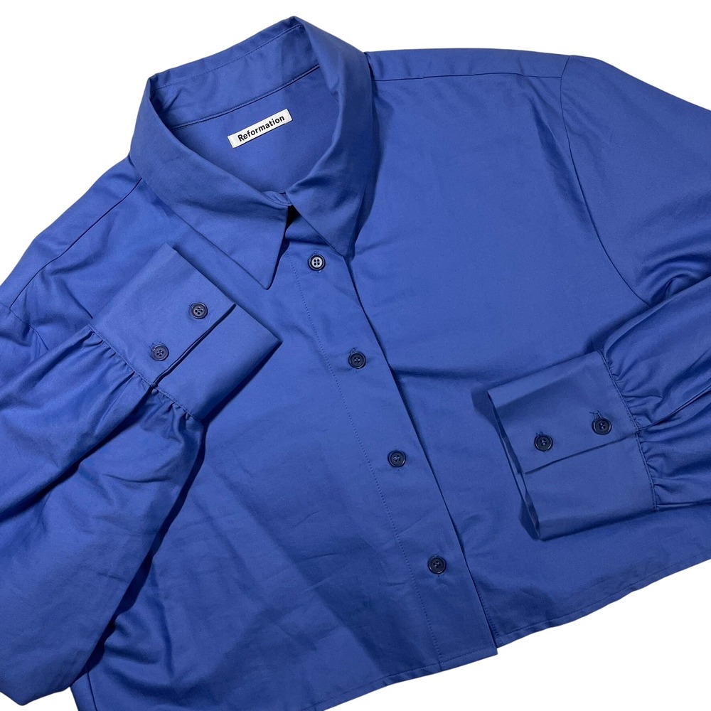 Reformation Cropped Button Down Women Medium Blue Organic Cotton Wide Cuff Shirt
